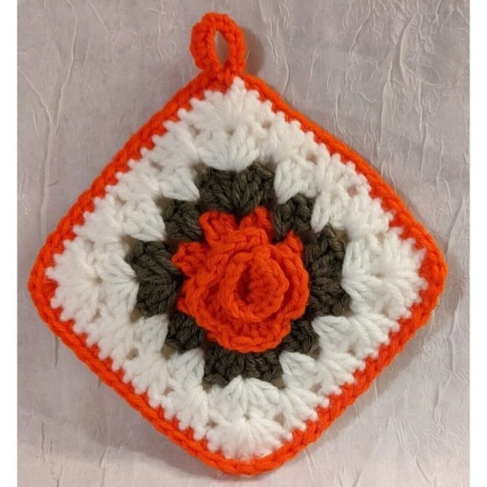 Crocheted Pot Holders Roses Flowers Boho Handmade Orange Decorative MCM Vtg Home